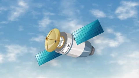 Animated Communication Satellite Floating Over Blue Sky and Clouds Stock Footage 344622406