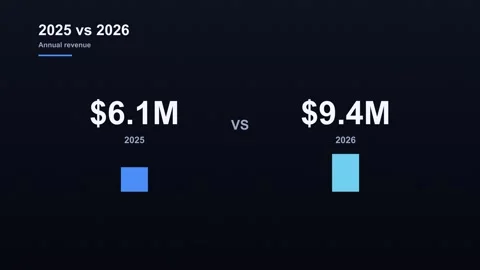 Animated comparison chart showing annual revenue 2025 vs 2026 on dark background Stock Footage 338198169