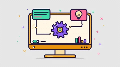 Animated computer screen displays gears lightbulb and graph Stock Footage 348105435