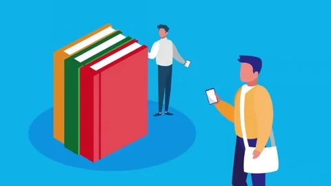 Animated conceptual motion graphic of two students interacting with a stack.. 库存影片 339196231