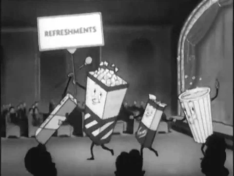 Animated concession stand products sing for theatergoers to buy popcorn, candy Stock Footage 83218203