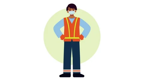 Animated construction worker wearing protective face mask standing against .. 库存影片 338425535