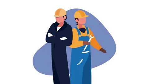 Animated construction workers wearing protective yellow helmets and uniform.. Stock Footage 339078106