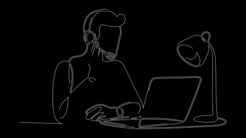 Animated continuous line art of man talking on headset, doing remote meeting Stock Footage 319632382