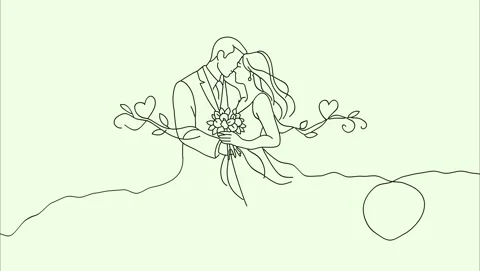 Animated continuous line drawing of kissing wedding couple Stock Footage 337985497