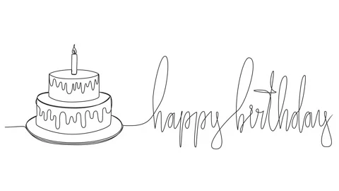 Animated continuous single line drawing of text HAPPY BIRTHDAY and birthday cake Stock Footage 236562023