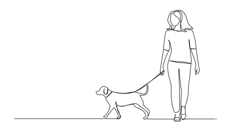 Animated continuous single line drawing of woman walking her dog Stock Footage 252769471