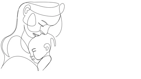 Animated continuous single line drawing of mother holding her baby on arm Stock Footage 310416941
