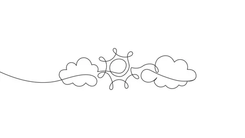 Animated continuous single line of sun with clouds, sunny weather Stock Footage 312949433