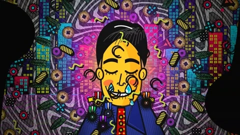 Animated Corrupt Official Crying In Chaotic Psychedelic City With Coins Stock Footage 341174441
