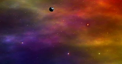 Animated cosmic Nebula Space Flight.They fly around asteroids and planets. Stock Footage 73387085