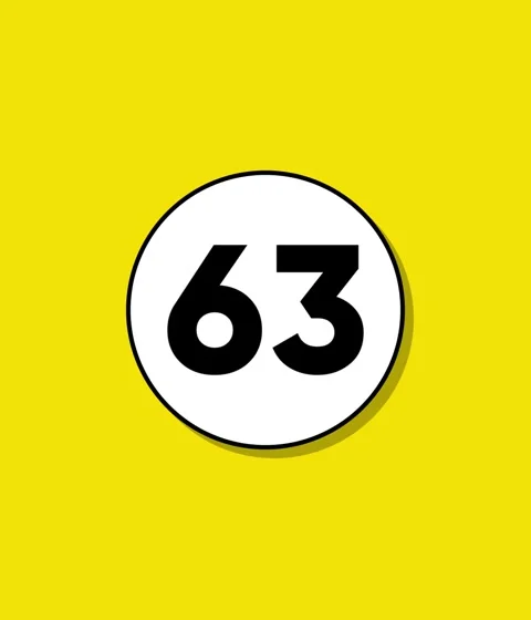 Animated countdown number 63 appears in white circle on vibrant yellow back.. Stock Footage 332396528