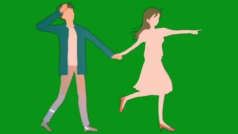 Animated couple holding hands pointing towards horizon against vibrant solid Stock Footage 346128994