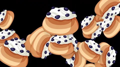 Animated Cream Puffs with Blueberries Falling on Black Background Video stock 344832590