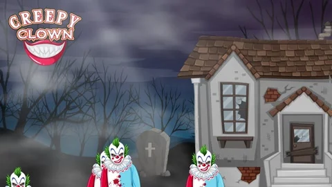 Animated Creepy Clowns Falling in Front of Haunted House and Graveyard Stock Footage 339121675