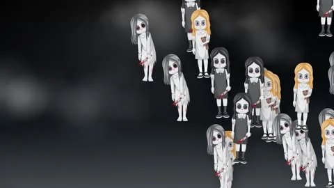 Animated Creepy Doll Characters Floating on Dark Foggy Background Stock Footage 341378185
