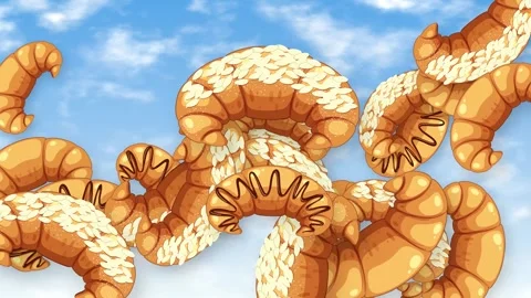 Animated Croissants and Pastries Falling Through a Bright Blue Sky Video stock 344845452