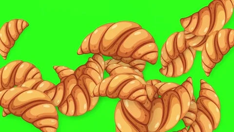 Animated Croissants Falling and Bouncing Against a Green Screen Background Stock Footage 344843185