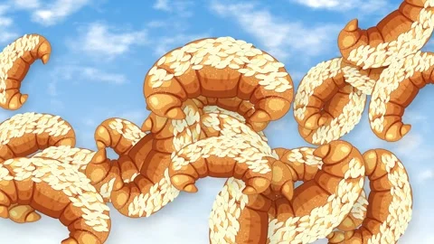 Animated Croissants Falling and Floating Against a Bright Blue Sky Video stock 344832534