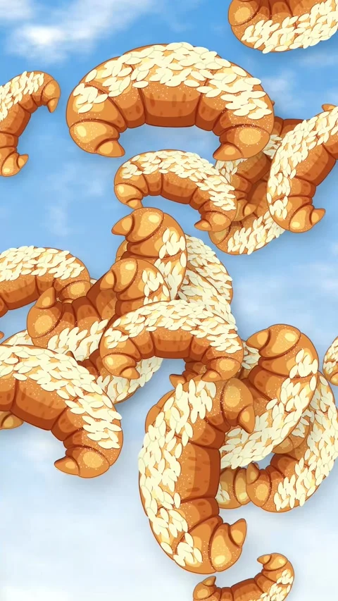 Animated Croissants Falling and Floating Against a Bright Blue Sky Video stock 344836028