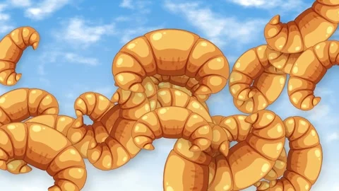 Animated Croissants Falling and Floating Against a Blue Sky Background Stock Footage 345703523