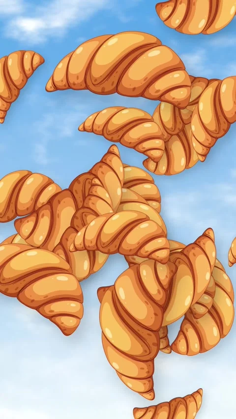 Animated Croissants Falling Through a Blue Sky with Clouds Stock Footage 345206528