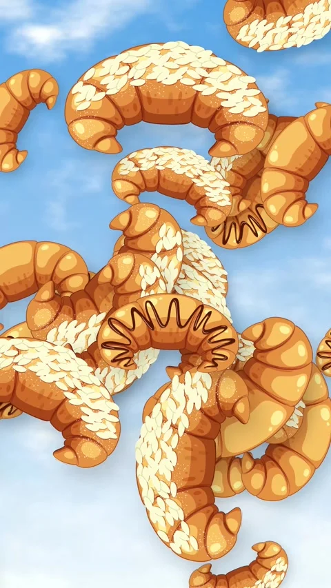 Animated Croissants Falling Through Blue Sky with Clouds Stock Footage 345300644