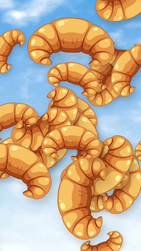 Animated Croissants Falling Through a Blue Sky with Clouds Stock Footage 346569744