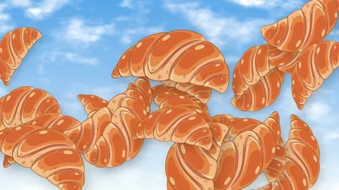 Animated Croissants Falling Through a Bright Blue Sky with Clouds Video stock 344617367