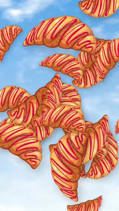 Animated Croissants with Red Glaze Falling Through a Blue Sky Stock Footage 344931610