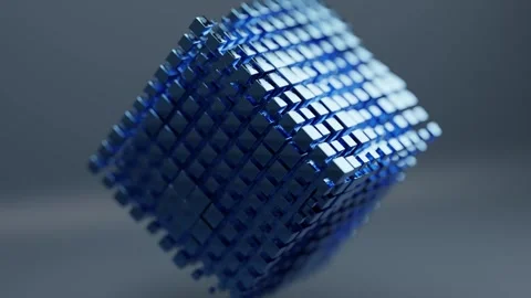 Animated Cube Floating with Glowing Blue Metallic Blocks in Digital Space 库存影片 331109416