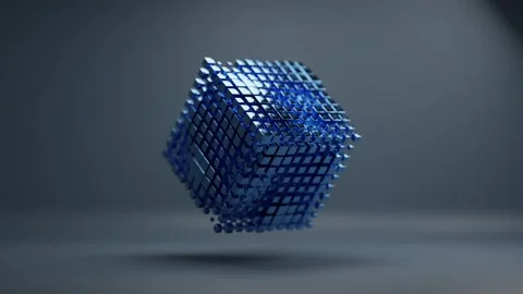 Animated Cube Floating with Glowing Blue Geometric Blocks in Dark Void Space 库存影片 331109421