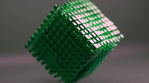 Animated Cube Floating with Glowing Green Metallic Pixel Blocks Stock Footage 331109486