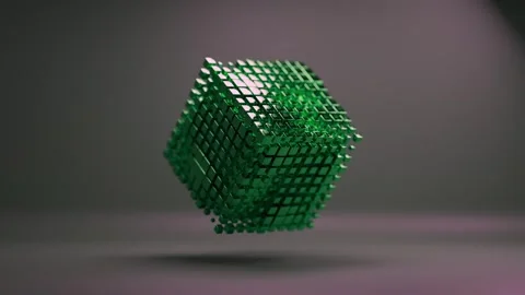Animated Cube Floating with Glowing Green Metallic Pixel Blocks in Motion Stock Footage 331109502