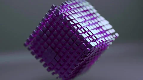Animated Cube Floating with Glowing Purple Blocks in Abstract Motion Stock Footage 331109560