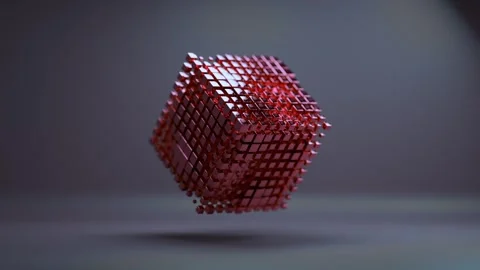 Animated Cube Made of Floating Metallic Red Blocks in Motion 库存影片 331109598