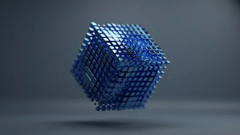 Animated Cube Made of Glowing Blue Geometric Blocks Rotating in Digital Space Stock Footage 331109391