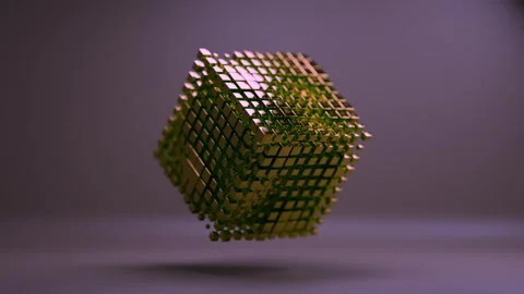 Animated Cube Made of Glowing Golden Blocks Rotating in a Dark Space Stock Footage 331109529