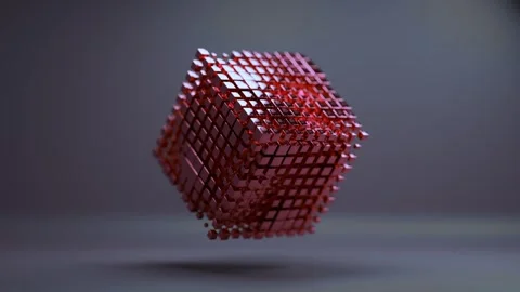 Animated Cube Made of Glowing Red Metallic Blocks Floating in Dark Space 库存影片 331109592