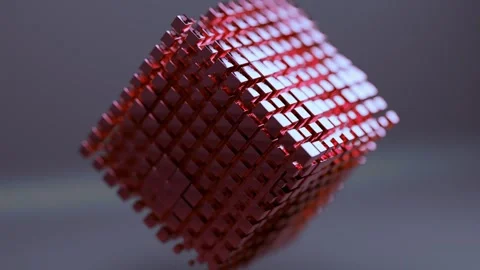 Animated Cube Made of Glowing Red Metallic Blocks Rotating in Dark Space Stock Footage 331109599