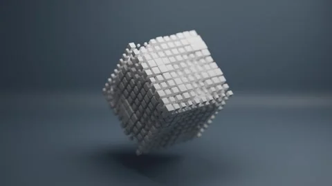 Animated Cube Made of Small Floating White Blocks Rotating in Minimalist Space Vídeos de archivo 331109618
