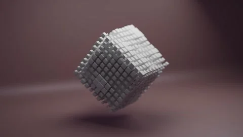 Animated Cube Made of Small Floating White Blocks Rotating in Minimalist Space Stock Footage 331109679