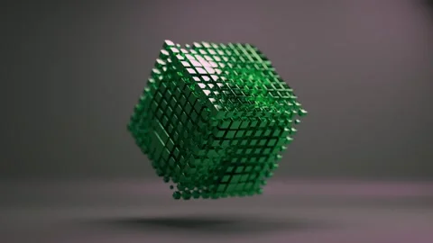 Animated Cube Made of Small Glossy Green Blocks Rotating in Space Видео 331109474