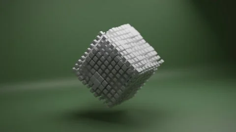 Animated Cube Made of Small Moving Blocks Floating in Green Background 動画素材 331109654