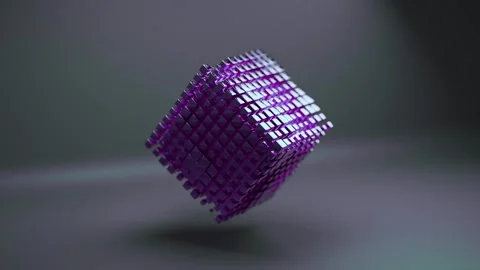 Animated Cube Made of Small Purple Glowing Digital Blocks Floating in Space Vídeos de archivo 331109540
