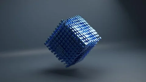 Animated Cube Made of Small Reflective Blue Metallic Blocks Rotating in Space 库存影片 331109349