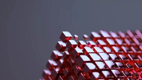 Animated Cube Structure Made of Glowing Red Metallic Blocks in Motion Stock Footage 331109569