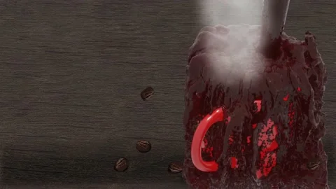 Animated cup of coffee with liquid splash that spills onto a rustic wooden ta Stock Footage 190121983