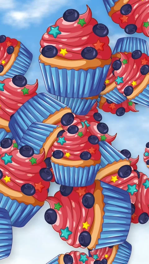 Animated Cupcakes Falling Through Blue Sky with Clouds Background Stock Footage 344836063