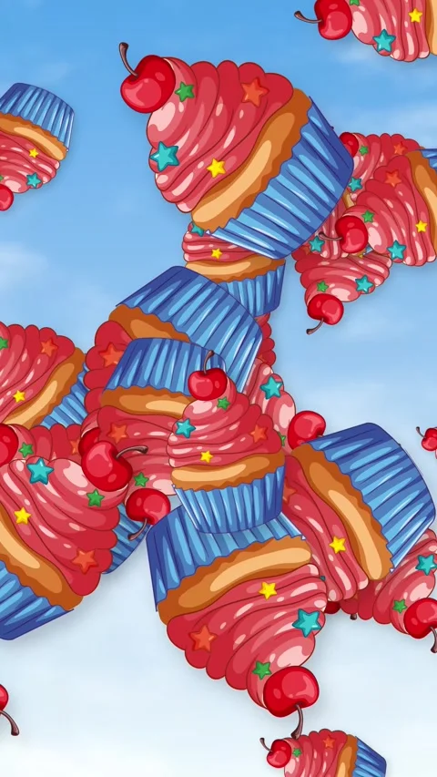 Animated Cupcakes Falling Through Blue Sky with Clouds Stock Footage 346115004